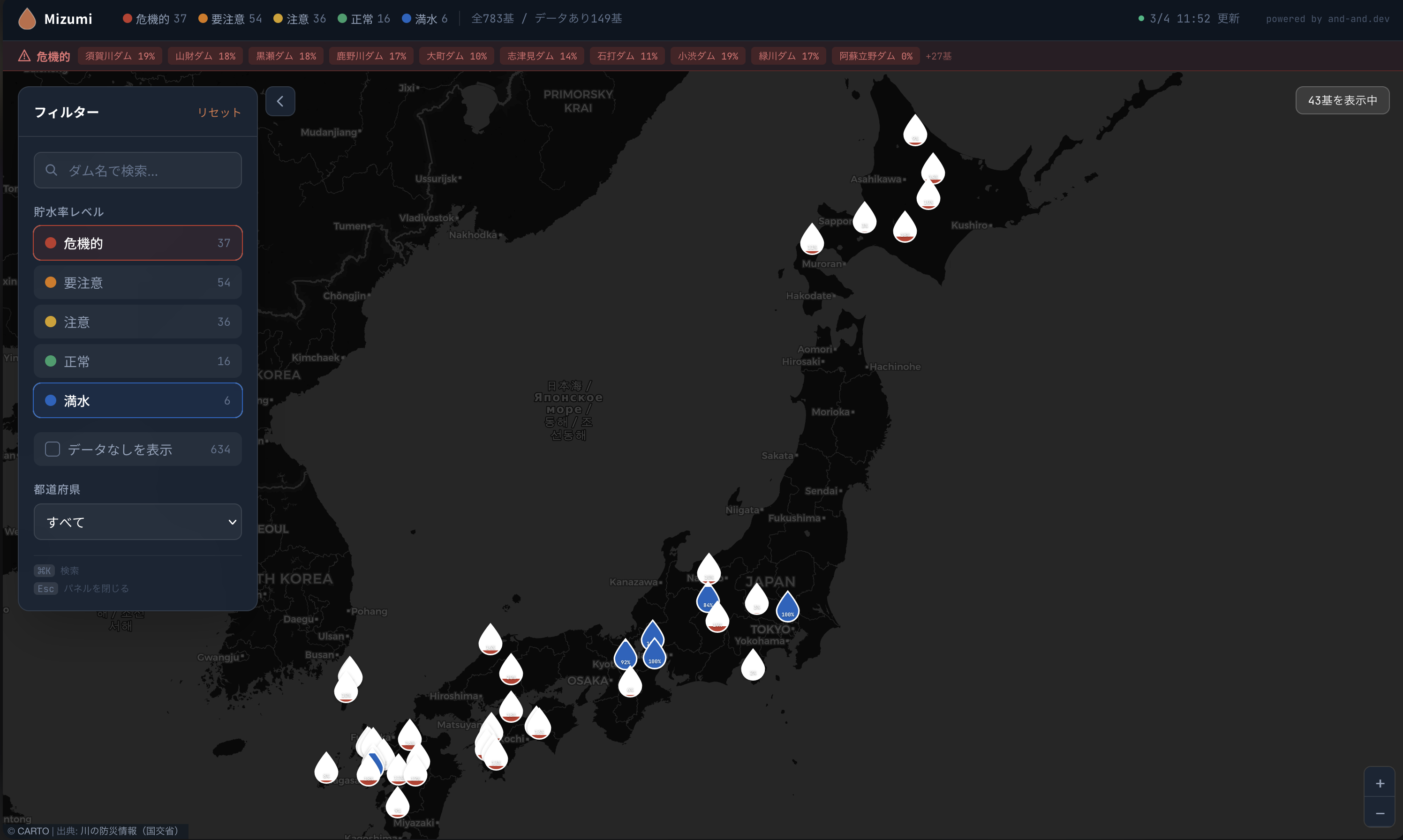 Mizumiの全国ダム貯水率マップ。ダークテーマの地図上に水滴型マーカーでダムの貯水率が表示されている
